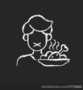 Loss of appetite chalk white icon on dark background. Restriction in food. Symptom of heatstroke. Anorexia sign, lack of hunger. Man refuses meal. Isolated vector chalkboard illustration on black. Loss of appetite chalk white icon on dark background