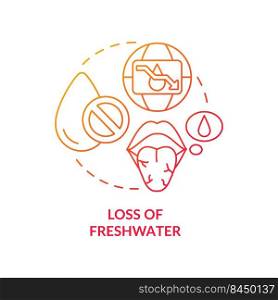 Loss of freshwater red gradient concept icon. Natural resources. Negative effect of overpopulation abstract idea thin line illustration. Isolated outline drawing. Myriad Pro-Bold fonts used. Loss of freshwater red gradient concept icon