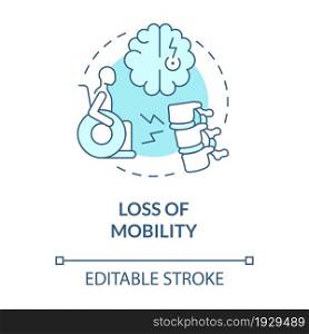 Loss of mobility blue concept icon. Person with disability. Neurological disorder. Physiotherapy abstract idea thin line illustration. Vector isolated outline color drawing. Editable stroke. Loss of mobility blue concept icon