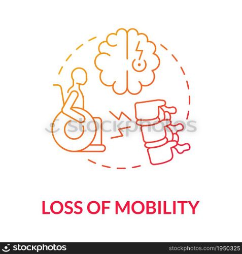 Loss of mobility gradient red concept icon. Person with disability in wheelchair. Neurological disorder. Physiotherapy abstract idea thin line illustration. Vector isolated outline color drawing. Loss of mobility gradient red concept icon