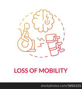 Loss of mobility gradient red concept icon. Person with disability in wheelchair. Neurological disorder. Physiotherapy abstract idea thin line illustration. Vector isolated outline color drawing. Loss of mobility gradient red concept icon