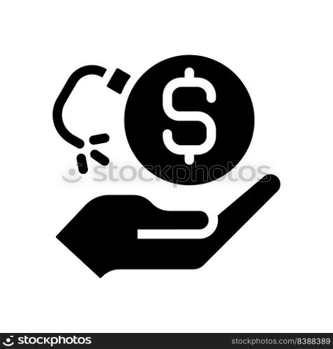 Loss of money black glyph icon. Financial risk. Bankruptcy case. Dealing with debt. Stock market crash. Impulse buying. Silhouette symbol on white space. Solid pictogram. Vector isolated illustration. Loss of money black glyph icon
