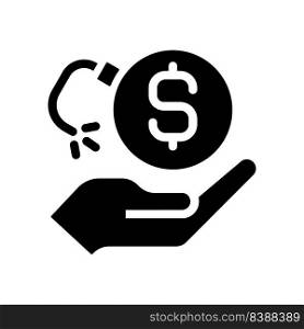 Loss of money black glyph icon. Financial risk. Bankruptcy case. Dealing with debt. Stock market crash. Impulse buying. Silhouette symbol on white space. Solid pictogram. Vector isolated illustration. Loss of money black glyph icon