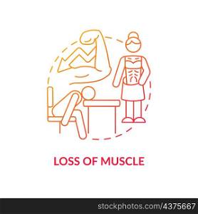 Loss of muscle red gradient concept icon. Musculoskeletal system degeneration. Body weakness abstract idea thin line illustration. Isolated outline drawing. Roboto-Medium, Myriad Pro-Bold fonts used. Loss of muscle red gradient concept icon
