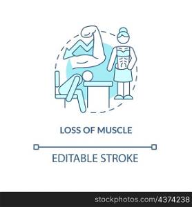Loss of muscle turquoise concept icon. Musculoskeletal tissue atrophy abstract idea thin line illustration. Isolated outline drawing. Editable stroke. Roboto-Medium, Myriad Pro-Bold fonts used. Loss of muscle turquoise concept icon