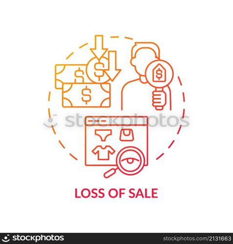 Loss of sale red gradient concept icon. Experiencing shortfall in income abstract idea thin line illustration. Lost revenues. Isolated outline drawing. Roboto-Medium, Myriad Pro-Bold fonts used. Loss of sale red gradient concept icon