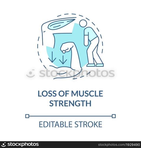 Loss of the muscle strenght blue concept icon. Muscular weakness. Problem with health. Physiotherapy abstract idea thin line illustration. Vector isolated outline color drawing. Editable stroke. Loss of the muscle strenght blue concept icon