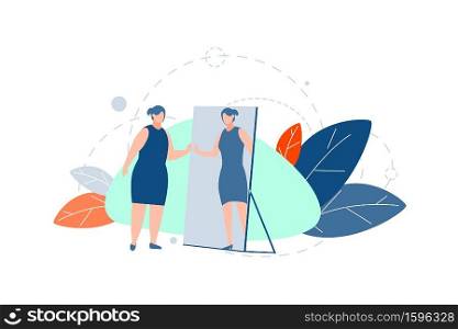 Loss of weight, motivation, diet concept. Fat obese thick woman looking in mirror, decided to sit on diet. Motivation to look thin or slim. Illustration of loosing weight. Simple flat vector. Loss of weight, motivation, diet concept
