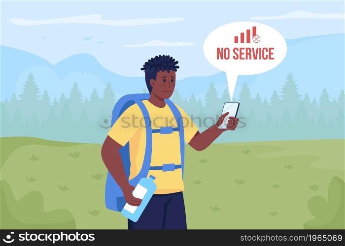 Lost hiker searching mobile network flat color vector illustration. Wilderness extreme situation. Traveler gets lost while traveling 2D cartoon character with mountain peaks on background. Lost hiker searching mobile network flat color vector illustration