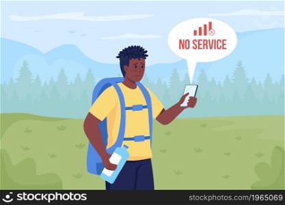 Lost hiker searching mobile network flat color vector illustration. Wilderness extreme situation. Traveler gets lost while traveling 2D cartoon character with mountain peaks on background. Lost hiker searching mobile network flat color vector illustration