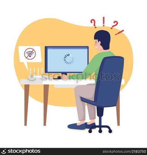 Lost wifi signal at home 2D vector isolated illustration. No connection. Worried man at computer desk flat characters on cartoon background. Everyday situation and daily life colourful scene. Lost wifi signal at home 2D vector isolated illustration