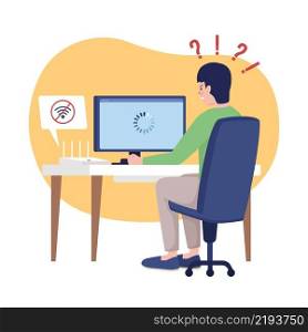Lost wifi signal at home 2D vector isolated illustration. No connection. Worried man at computer desk flat characters on cartoon background. Everyday situation and daily life colourful scene. Lost wifi signal at home 2D vector isolated illustration