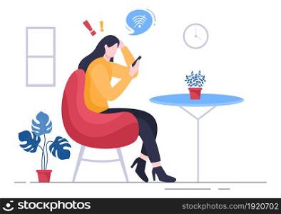 Lost Wireless Connection or Disconnected Cable, No Wifi Signal Internet, Page Not Found on Display Smartphone Screen. Background Vector Illustration