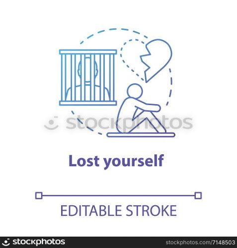 Lost yourself concept icon. Depression after breakup. Dependent relationship. Heartbroken. Feeling of hopelessness idea thin line illustration. Vector isolated outline drawing. Editable stroke