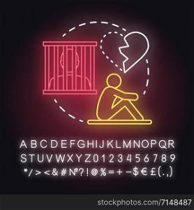 Lost yourself neon light concept icon. Depression after breakup. Dependent relationship. Feeling of hopelessness idea. Glowing sign with alphabet, numbers and symbols. Vector isolated illustration