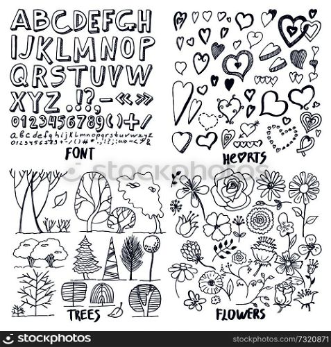 Lot of black flowers hearts trees and font sample vector illustration with letters and digits, lot of different shapes hearts and trees, cute flowers. Lot of Black Flowers Hearts Trees and Font Sample