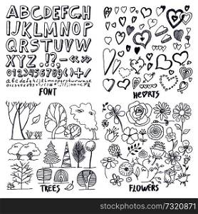 Lot of black flowers hearts trees and font sample vector illustration with letters and digits, lot of different shapes hearts and trees, cute flowers. Lot of Black Flowers Hearts Trees and Font Sample