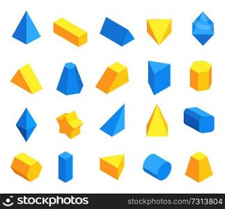 Lot of blue and yellow geometric figures poster, pyramids and pentagrammic hexagonal and triangular prisms cylinder and octahedron vector illustration. Lot of Blue and Yellow Geometric Figures Poster