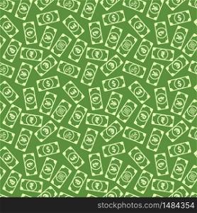 Lot of different bright money banknotes with common currency signs like us dollar, pound, yen, yuan, ruble, euro, rupee, rial and lira, green seamless pattern. A lot of different bright money banknotes with common currency signs like us dollar, pound, yen, yuan, ruble, euro, rupee, rial and lira, green seamless pattern
