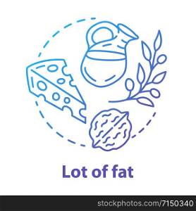 Lot of fat blue gradient concept icon. Keto diet idea thin line illustration. Ketogenic nutrition. Variety of healthy fats. Cheese, olive oil, nut. Food, meal. Vector isolated outline drawing