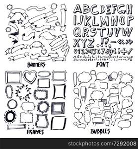 Lot of patterns of font banners frames and bubbles vector illustration with hand drawn ribbons letters and digits, different shapes bubbles and frames. Lot of Patterns of Font Banners Frames and Bubbles