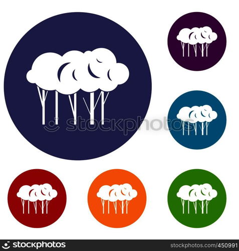 Lot of trees icons set in flat circle reb, blue and green color for web. Lot of trees icons set