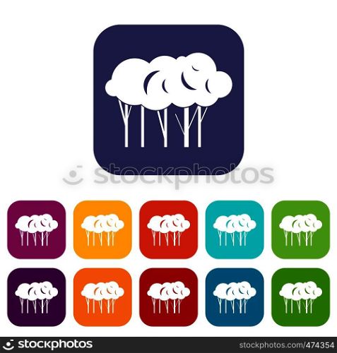 Lot of trees icons set vector illustration in flat style In colors red, blue, green and other. Lot of trees icons set