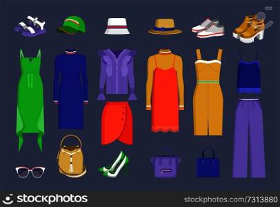 Lot of varied colorful stuff vector illustration isolated on dark backdrop hats and caps, dresses and shirts, skirt and handbags, shoes and sunglasses. Lot of Varied Colorful Stuff Vector Illustration