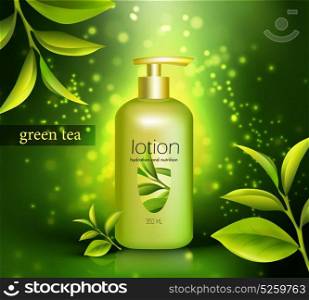 Lotion With Green Tea Illustration. Lotion in plastic packaging with dispenser and green tea leaves on glowing dark background 3d vector illustration