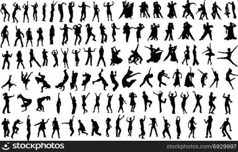Lots of silhouettes of dancing people. Vector