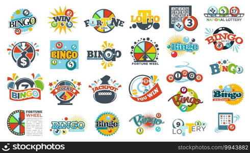 Lotteries label with fortune wheel and bingo symbol. Isolated emblems with inscriptions and balls, ribbons and greetings with victory. Winning loto, lucky gambling or casino. Vector in flat style. Fortune wheel, loto and bingo, labels lotteries