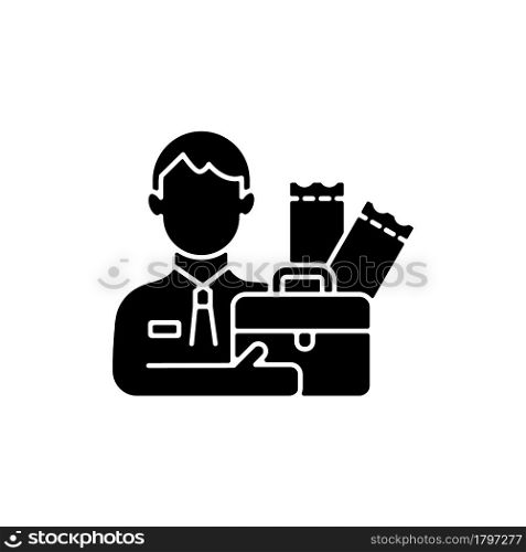 Lottery agent black glyph icon. Middleman between participator and lottery tickets distributor. Participation in international games. Silhouette symbol on white space. Vector isolated illustration. Lottery agent black glyph icon