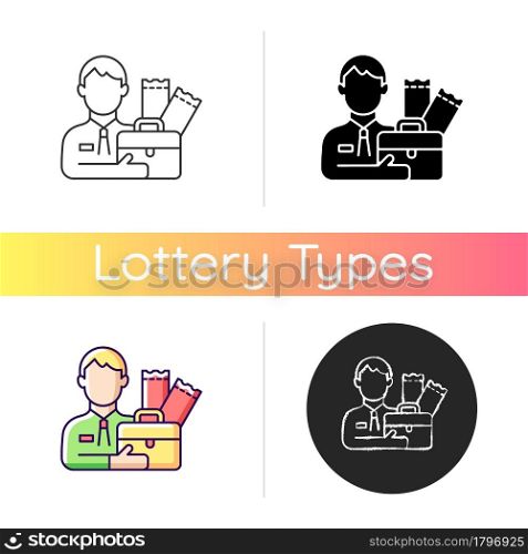 Lottery agent icon. Middleman between participator and lottery tickets distributor. Possibility to participate in international games. Linear black and RGB color styles. Isolated vector illustrations. Lottery agent icon