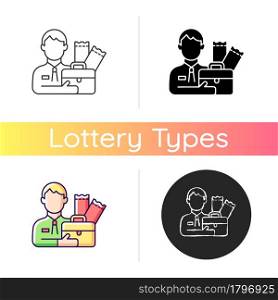 Lottery agent icon. Middleman between participator and lottery tickets distributor. Possibility to participate in international games. Linear black and RGB color styles. Isolated vector illustrations. Lottery agent icon