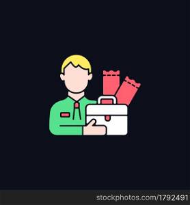 Lottery agent RGB color icon for dark theme. Middleman between participator and lottery tickets distributor. Isolated vector illustration on night mode background. Simple filled line drawing on black. Lottery agent RGB color icon for dark theme