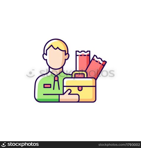 Lottery agent RGB color icon. Middleman between participator and lottery tickets distributor. Participation in international games. Isolated vector illustration. Simple filled line drawing. Lottery agent RGB color icon
