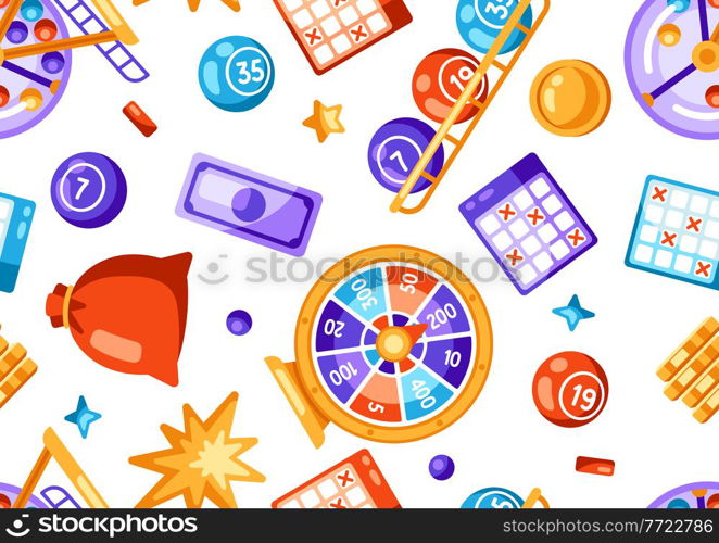 Lottery and bingo seamless pattern. Icons of gambling or online games. Background with lotto and casino items.. Lottery and bingo seamless pattern. Icons of gambling or online games.