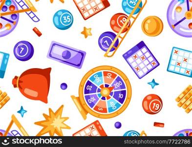 Lottery and bingo seamless pattern. Icons of gambling or online games. Background with lotto and casino items.. Lottery and bingo seamless pattern. Icons of gambling or online games.
