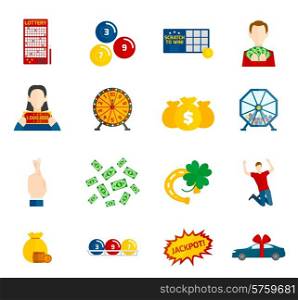 Lottery and gambling money game icon flat set isolated vector illustration. Lottery Icon Flat Set