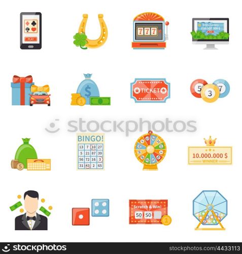 Lottery And Jackpot Decorative Icons . Lottery and jackpot decorative icons with fortune wheel winner ticket scratch card lottery drum flat vector illustration