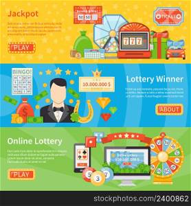 Lottery and jackpot flat horizontal banners with horseshoe scratch card lottery machine money bag decorative icons vector illustration . Lottery And Jackpot Horizontal Banners