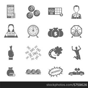 Lottery and profit fortune games black icon set isolated vector illustration. Lottery Icon Set
