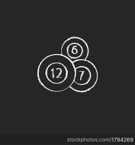 Lottery balls chalk white icon on dark background. Producing random number combinations. Vending machine. Bearing possible winning number. Isolated vector chalkboard illustration on black. Lottery balls chalk white icon on dark background