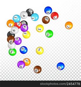 Lottery Balls Fly In Gambling Game Drum Vector. Multicolor Lottery Balls With Numbers For Play Gamble Lotto Flying In Equipment, Win Money And Leisure Time. Template Realistic 3d Illustration. Lottery Balls Fly In Gambling Game Drum Vector