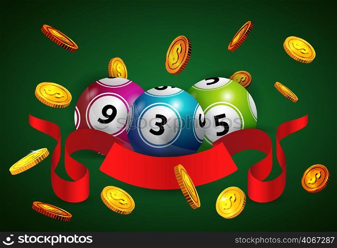 Lottery balls, flying golden coins and red ribbon. Gambling business advertising design. For posters, banners, leaflets and brochures.