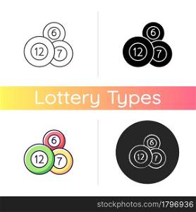Lottery balls icon. Producing random number combinations. Lottery vending machine. Drawing equipment. Bearing possible winning number. Linear black and RGB color styles. Isolated vector illustrations. Lottery balls icon