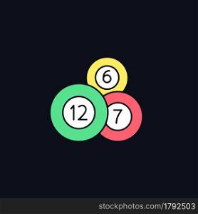 Lottery balls RGB color icon for dark theme. Random number combinations. Bearing possible winning number. Isolated vector illustration on night mode background. Simple filled line drawing on black. Lottery balls RGB color icon for dark theme