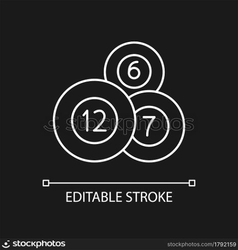 Lottery balls white linear icon for dark theme. Number combination. Bearing possible winning number. Thin line customizable illustration. Isolated vector contour symbol for night mode. Editable stroke. Lottery balls white linear icon for dark theme