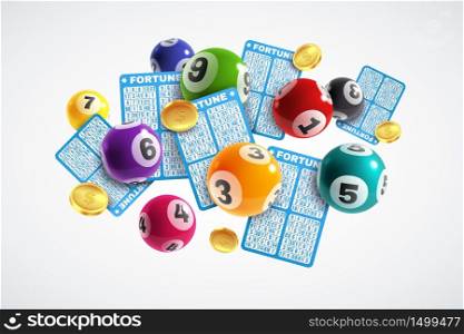 Lottery banner. Realistic lottery tickets and drawing balls with numbers, lucky instant win, lotto game, jackpot internet leisure gambling vector concept. Lottery banner. Realistic lottery tickets and drawing balls, lucky instant win, lotto game, jackpot internet leisure gambling vector concept