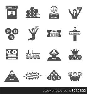 Lottery black icons set with people betting and winning isolated vector illustration. Lottery Icons Set